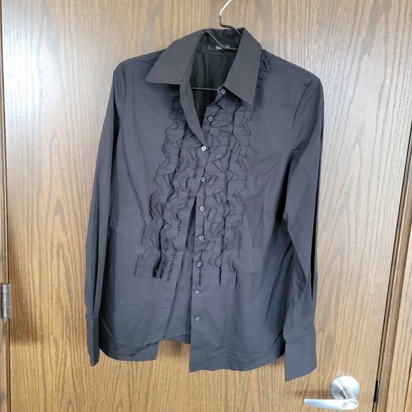 Elie Tahari Black Ruffled Tuxedo Shirt Size Medium - Picture 1 of 9